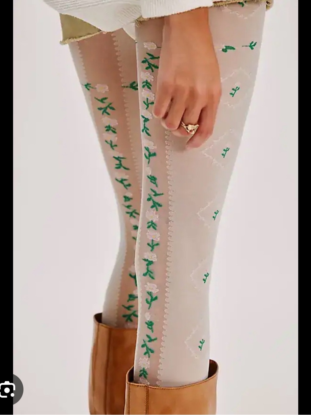 We The Free Cream Sheer Tights with Green Floral Embroidery